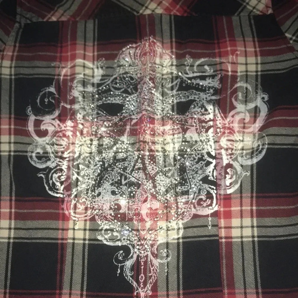 CELLO flannel button up long sleeves rhinestone details chest pocket size M - Picture 4 of 9